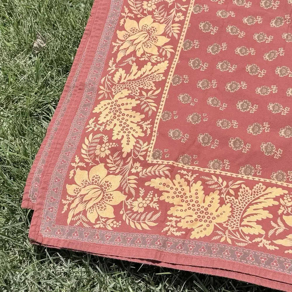 Williams Sonoma Provence Brick Red Gold Floral Cotton Tablecloth 70x84